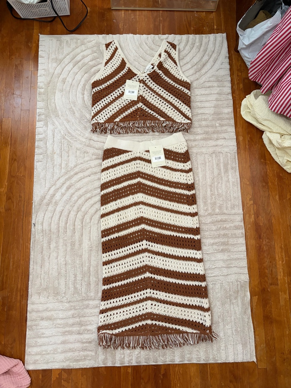 bohme Crochet Chevron Two-Piece Set in Cream and Brown